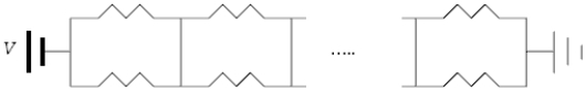 <strong>A circuit consists of 2N resistors,all of resistance R,connected as shown below.A potential difference V is applied to one end,and the other end is at ground potential.The equivalent resistance of the circuit is </strong> A) . B)R. C) . D)NR. E)2NR.