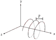 <strong>A uniform magnetic field of 0.50 T is directed along the positive x axis.A proton moving with a speed of 60 km/s enters this field.The helical path followed by the proton shown has a pitch of 5.0 mm.Determine the angle between the magnetic field and the velocity of the proton. </strong> A)39° B)51° C)44° D)34° E)71°