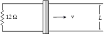 A rod (length = 10 cm)moves on two horizontal frictionless conducting rails,as shown.The magnetic field in the region is directed perpendicularly to the plane of the rails and is uniform and constant.If a constant force of 0.60 N moves the bar at a constant velocity of 2.0 m/s,what is the current through the 12-Ω load resistor?