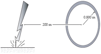 A bolt of lightning strikes the ground 200 m from a 100-turn coil oriented vertically and with the plane of the coil pointing toward the lightning strike.The radius of the coil is 0.800 m and the current in the lightning bolt falls from 6.02 × 10<sup>6</sup> A to zero in 10.5 μs.What is the voltage induced in the coil over this time period? [A question for future electrical engineers: is there any way to get lightning to strike repeatedly at the same point?] ​  <div style=padding-top: 35px> 