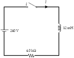 <strong>The switch in the figure is closed at t = 0 when the current I is zero.When I = 15 mA,what is the potential difference across the inductor? </strong> A)240 V B)60 V C)0 D)180 V E)190 V