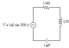 <strong>Determine the rms voltage drop across the capacitor in the circuit. </strong> A)55 V B)77 V C)110 V D)154 V E)198 V