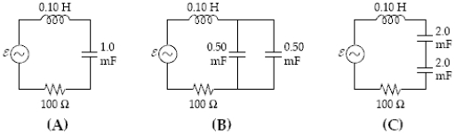 <strong>All three circuits shown below have R = 100 Ω,L = 0.1 H and emf ε = (5.0 V)sin (377 t).Which statement regarding the angular resonance frequencies ω<sub>A</sub>,ω<sub>B</sub> and ω<sub>C</sub> is correct? </strong> A)ω<sub>C</sub> > ω<sub>A</sub> = ω<sub>B</sub> B)ω<sub>C</sub> < ω<sub>A</sub> = ω<sub>B</sub> C)ω<sub>A</sub> = ω<sub>B</sub> = ω<sub>C</sub> D)ω<sub>B</sub> < ω<sub>A</sub> = ω<sub>C</sub> E)ω<sub>B</sub> > ω<sub>A</sub> = ω<sub>C</sub>