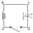 <strong>A 10-μF capacitor in an LC circuit made entirely of superconducting materials (R = 0 Ω)is charged to 100 μC.Then a superconducting switch is closed.At t = 0 s,plate 1 is positively charged and plate 2 is negatively charged.At a later time,V<sub>ab</sub> = +10 V.At that time,V<sub>dc</sub> is </strong> A)0 V. B)3.54 V. C)5.0 V. D)7.07 V. E)10 V.