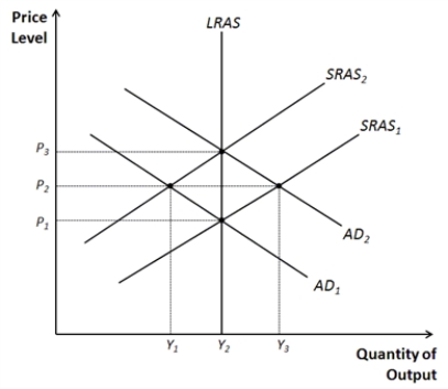 <strong>Figure 33-3. Refer to Figure 33-3.The natural rate of output occurs at</strong> A)Y<sub>1</sub>. B)Y<sub>2</sub>. C)Y<sub>3</sub>. D)both Y<sub>1</sub> and Y<sub>3</sub>.