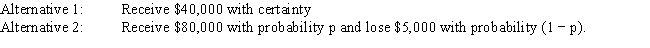 Exhibit 14.12 The following questions use the information below. A decision maker is faced with two alternatives.   The decision maker has determined that she is indifferent between the two alternatives when p = 0.7. -Refer to Exhibit 14.12. What is the expected value of Alternative 2 for this decision maker?