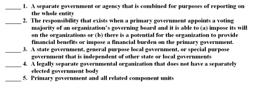 The following are key terms in Chapter 9 that relate to the reporting entity: A.Component units B.Financial reporting entity C.Financial accountability D.Joint venture E.Other stand-alone governments F.Primary governments For each of the following definitions,indicate the key term from the list above that best matches by placing the appropriate letter in the blank space next to the definition  <div style=padding-top: 35px> 