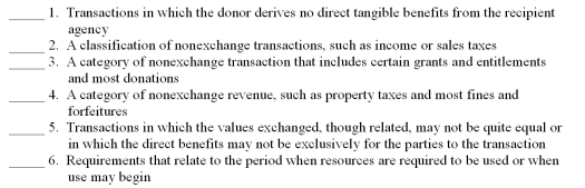 The following are key terms in Chapter 4 that relate to exchange and nonexchange transactions: A.Derived tax revenues B.Exchange-like transactions C.Nonexchange transactions D.Nonexchange revenue E.Voluntary nonexchange transactions F.Imposed nonexchange revenue G.Exchange transactions H.Time restrictions I.Purpose restrictions J.Eligibility requirements For each of the following definitions,indicate the key term from the list above that best matches by placing the appropriate letter in the blank space next to the definition.