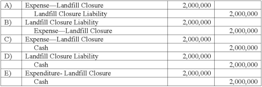 <strong>The Town of Conway opened a solid waste landfill in 2001 that is now filled to capacity. The city initially anticipated closure costs of $2 million. These costs were not expected to be incurred until the landfill is closed. What is the final journal entry to record these costs assuming the estimated $2 million closure costs were properly recorded and the landfill is accounted for in an enterprise fund? </strong> A) Option A B) Option B C) Option C D) Option D E) Option E