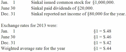 <strong>Sinkal Co. was formed on January 1, 2013 as a wholly owned foreign subsidiary of a U.S. corporation. Sinkal's functional currency was the stickle (§). The following transactions and events occurred during 2013: What was the amount of the translation adjustment for 2013?</strong> A) $52,000 decrease in relative value of net assets. B) $60,800 decrease in relative value of net assets. C) $61,200 decrease in relative value of net assets. D) $466,400 increase in relative value of net assets. E) $26,000 increase in relative value of net assets.