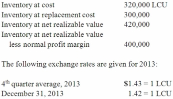 <strong>A foreign subsidiary uses the first-in first-out inventory method. The following inventory balances are given at December 31, 2013 in local currency units (LCU): Compute the December 31, 2013, inventory balance using the lower of cost or market method under the temporal method.</strong> A) $429,000. B) $457,600. C) $596,400. D) $568,000. E) $426,000.