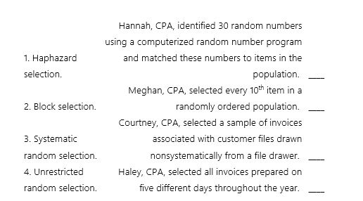 Below are some examples of methods used to select sample items.Match the sample selection method is most closely associated with the example.Each selection method is associated with only one example.