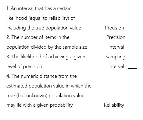 The following are definitions of terms related to audit sampling.Indicate,using the correct letter,which term is most closely associated with the definition.Each term is associated with only one definition.