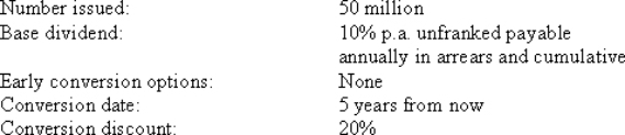 <strong>Koppen Ltd has just raised $1 billion by an issue of converting preference shares on the following terms: An investor,W.Street,currently owns 500 000 Koppen Ltd CPS.The ordinary share price immediately prior to conversion is expected to be $2.00 per share.Calculate the total value of ordinary shares expected to be received by W.Street on conversion.</strong> A)$25 000 000 B)$12 500 000 C)$50 000 000 D)$5 000 000