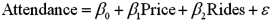 <strong>Exhibit 15-4.A researcher analyzes the factors that may influence amusement park attendance and estimates the following model: , where Attendance is the daily attendance (in 1000s),Price is the gate price (in $),and Rides is the number of rides at the amusement park.The researcher would like to construct interval estimates for Attendance when Price and Rides equal $85 and 30,respectively.The researcher estimates a modified model where Attendance is the response variable and the explanatory variables are now defined as and .A portion of the regression results is shown in the accompanying table. Refer to Exhibit 15-4.According to the modified model,what is the predicted value for Attendance when Price and Rides equal $85 and 30,respectively.</strong> A)25,670 B)34,410 C)40,910 D)55,600