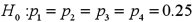 <strong>Which of the following null hypotheses is used to test if five population proportions are the same?</strong> A)   B)   C)   D)   <div style=padding-top: 35px> 