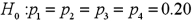 <strong>Which of the following null hypotheses is used to test if five population proportions are the same?</strong> A)   B)   C)   D)   <div style=padding-top: 35px> 