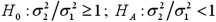 <strong>Consider the expected returns (in percent)from two investment options.Beth wants to determine if investment 1 has a lower variance.Use the following summary statistics to arrive at the results. Investment 1: = 33.53;n<sub>1</sub> = 8 Investment 2: = 44.76;n<sub>2</sub> = 8 Identify the relevant null and alternate hypotheses for this test.</strong> A) B) C) D)