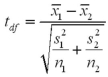 <strong>Assume the competing hypotheses take the following form: versus ,where is the population mean for population 1 and is the population mean for population 2.Also assume that the populations are normally distributed and we use independent sampling.The population variances are not known and cannot be assumed equal.The value of the appropriate test statistic is computed as ____________.</strong> A) B) C) D)