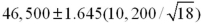 <strong>The starting salary of business students in a university is known to be normally distributed.A random sample of 18 business students results in a mean salary of $46,500 with a standard deviation of $10,200.Construct the 90% confidence interval for the mean starting salary of business students in this university.</strong> A) B) C) D)