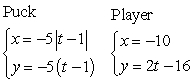 <strong>At time t = 0 seconds, a hockey puck is headed towards the board (the wall around the perimeter of the area of play) as shown in the figure (the view is from above the playing surface). At that same instant, a hockey player at a different position on the ice is headed straight up the ice in order to intercept the puck (see figure). The trajectories of the puck and the player are described by the following set of parametric equations:   Find the location(s) of intersection of the trajectories of the player and the puck. Distances are in feet and time is in seconds.   [figure is not necessarily drawn to scale]</strong> A)   and   B)   C)   and   D)   <div style=padding-top: 35px> 