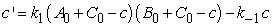 Consider a chemical system containing species A, B, and C; and that A and B can react to make C in a bimolecular reaction with rate constant of k<sub>1</sub>, and C can decompose to make A and B in a first order reaction with rate constant of k<sub>-1</sub>. If the instantaneous amounts of A, B, and C are represented as a, b, and c, and the initial amounts are given as A<sub>0</sub>, B<sub>0</sub>, and C<sub>0</sub>, the change in C can be represented with the differential equation   . If A<sub>0</sub> = 2 , B<sub>0</sub> = 2, C<sub>0</sub> = 0, k<sub>1</sub> = 0.04, and k<sub>-1</sub> = 0.04, solve the differential equation for c and graph the solution. [Note: c can never be larger than C<sub>0</sub> plus the smaller of A<sub>0</sub> or B<sub>0</sub>. Nor can it be smaller than 0.]<div style=padding-top: 35px> 