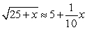 Find the linear approximation at x = 0 to show that the following commonly used approximation is valid for small x.  