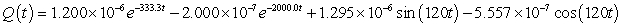 <strong>A series circuit has a 0.15 henry inductor, a 350 ohm resistor, and a 0.00001 farad capacitor. There is an initial charge of 0.000001 coulombs, there is no initial current, and there is an applied voltage which is described as . Identify the solution to the differential equation that describes the charge on the capacitor as a function of time.</strong> A) B) C) D)