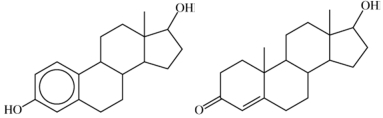 <strong>What structural feature do the two hormones shown have in common? </strong> A)Both have alcohol functional groups. B)Both have ketone functional groups. C)Both are steroids. D)There are no structural features in common.