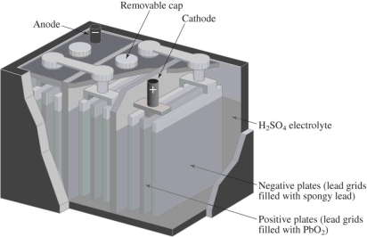 <strong>In the lead-acid (storage)battery, The cathode is the</strong> A)H<sub>2</sub>SO<sub>4</sub> electrolyte. B)negative plates,lead/spongy lead. C)positive plates,lead/PbO<sub>2</sub>. D)casing enclosing the entire battery.