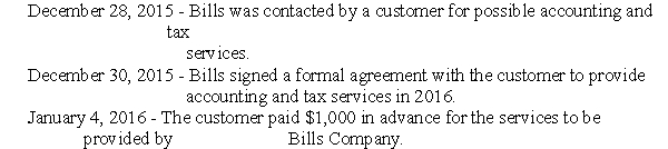 <strong>The following events pertain to Bills Company:   January 11,2016 - Bills provided accounting and tax services to the customer. Using cash-basis accounting,on which date should Bills Company record revenue for the accounting and tax services?</strong> A)December 30,2015. B)December 31,2015. C)January 4,2016 D)January 11,2016. <div style=padding-top: 35px> 