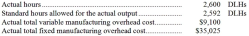 A manufacturer of industrial equipment has a standard costing system based on standard direct labor-hours (DLHs)as the measure of activity.Data from the company's flexible budget for manufacturing overhead are given below: The following data pertain to operations for the most recent period: How much overhead was applied to products during the period to the nearest dollar?
