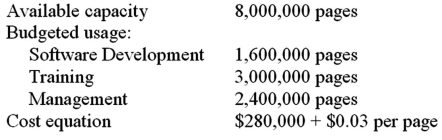 The Document Creation Center (DCC)for Alegis Corp.provides photocopying and document services for three departments in the St.Paul office.The following budget has been prepared for the year. If DCC uses a dual rate for allocating its costs based on usage,how much cost will be allocated to the Management Department?