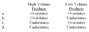 <strong>Volume-based costing allocates indirect product costs based on the volume of output,using such allocation bases as direct labor hours,machine hours,or the amount of direct material used in the production process.Activity-based costing (ABC)has consistently shown that Volume-based costing ___________ the cost of high volume products and ______________ the cost of low volume products. </strong> A)Option a B)Option b C)Option c D)Option d