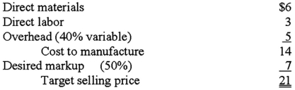 <strong>The MNK Company has gathered the following information for a unit of its most popular product: The above cost information is based on 4,000 units.A foreign distributor has offered to buy 1,000 units at a price of $16 per unit.This special order would not disturb regular sales.Variable shipping and other selling expenses would be an additional $1 per unit for the special order.If the special order is accepted,MNK's operating profits will increase by:</strong> A)$1,000. B)$1,600. C)$2,000. D)$4,000.