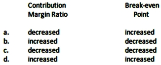 <strong>If the fixed costs for a product increase and the variable costs (as a percentage of sales dollars)increase,what will be the effect on the contribution margin ratio and the break-even point,respectively? </strong> A)Option A B)Option B C)Option C D)Option D