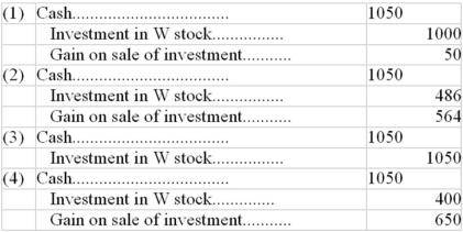 <strong>ZTC purchased shares of W common on the following dates: \begin{array}{|l|r|} \hline \text { Purchases } &{\text { Cash }} \\ \hline \text { January } 1,500 \text { shares at } \$ 3& \$ 1,500 \\ \hline \text { March } 30,200 \text { shares at } \$ 2 & 400 \\ \hline \text { June } 20,100 \text { shares at } \$ 5 & 500 \\ \hline \text { August } 30,50 \text { shares at } \$ 7 & 350 \\ \hline \end{array} The shares were designated FVTPL securities.ZTC then sold 150 of the March 30 shares that were purchased on September 9.The sale price was $7.00 per share.This sale should be recorded as follows (Round your intermediate calculations to two decimal places): </strong> A)Choice 1 B)Choice 2 C)Choice 3 D)Choice 4