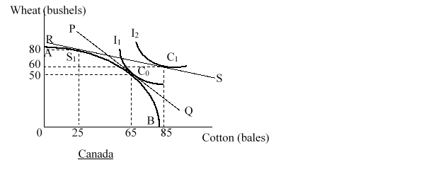 <strong>In the figure given below AB is the production-possibility curve of Canada. In the absence of trade, the price ratio is 1 bushel of wheat/bale of cotton as shown by the line PQ. The international price ratio is 0.25 bushels of wheat/bale of cotton as shown by the line RS. I<sub>1 </sub>and I<sub>2</sub> are the pre-trade and the post trade community indifference curves of Canada respectively. In the absence of trade Canada will: </strong> A)produce and consume at point S<sub>1</sub><sub>.</sub> B)produce and consume at point C<sub>0</sub><sub>.</sub> C)produce at point S<sub>1</sub> and consume at point C<sub>0</sub><sub>.</sub> D)produce and consume at point C<sub>1</sub>.