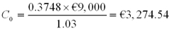 <strong>Use the binomial option pricing model to find the value of a call option on £10,000 with a strike price of €12,500. The current exchange rate is €1.50/£1.00 and in the next period the exchange rate can increase to €2.40/£ or decrease to €0.9375/€1.00 . The current interest rates are i<sub>€</sub> = 3% and are i<sub>£</sub> = 4%. Choose the answer closest to yours.</strong> A)€3,275 B)€2,500 C)€3,373 D)€3,243 And thereby the value call is