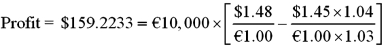<strong>Suppose you observe the following 1-year interest rates, spot exchange rates and futures prices. Futures contracts are available on €10,000. How much risk-free arbitrage profit could you make on 1 contract at maturity from this mispricing? </strong> A)$159.22 B)$153.10 C)$439.42 D)None of the above The futures price of $1.48/€ is above the IRP futures price of $1.4641/€, so we want to sell . To hedge, we borrow $14,077.67 today at 4%, convert to euro at the spot rate of $1.45/€, invest at 3%. At maturity, our investment matures and pays €10,000, which we sell for $14,800, and then we repay our dollar borrowing with $14,640.78. Our risk-free profit = $159.22 = $14,800 - $14,640.78.