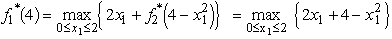 The two stages involve making the decisions on the values of the two variables in order.At stage n,let the state s<sub>n</sub> be the remaining slack in the constraint   ,so s<sub>1</sub> = 4 and s<sub>2</sub> = 4 -   .For n = 2,   .For n = 1,   .To maximize (2x<sub>1</sub> + 4 -   )over 0 ≤ x<sub>1</sub> ≤ 2,we take the first and second derivatives.   (2x<sub>1</sub> + 4 -   )= 2 - 2x<sub>1</sub> = 0,so x<sub>1</sub> = 1 is a critical point.   (2x<sub>1</sub> + 4 -   )= -2,so x<sub>1</sub> = 1 is indeed the maximum over 0 ≤ x<sub>1</sub> ≤ 2.Since x<sub>1</sub> = 1 leaves a slack of   in the constraint,the overall optimal solution is   = 1,   ,with Z* = 5.