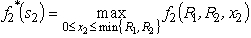  The two stages involve making the decisions on the values of the two variables in order.At stage n,let the state s<sub>n</sub> be the vector (R<sub>1</sub>,R<sub>2</sub>),where R<sub>i</sub> is the slack in the i-th constraint,so s<sub>1</sub> = (13,9)and s<sub>2</sub> = (13 - 2   ,9 -   ).For stage 2 (the second variable),we have f<sub>2</sub> (R<sub>1</sub>,R<sub>2</sub>,<sub> </sub>x<sub>2</sub>)= x<sub>2</sub>,0  \le  x<sub>2</sub> \le  min{R<sub>1</sub>,R<sub>2</sub>},so   is easily solved,as shown in the following table.   For stage 1 (the first variable),we now have f<sub>1</sub>(13,9,<sub> </sub><sub> </sub>x<sub>1</sub>)=   =   .For 0  \le  x<sub>1</sub>  \le  2,    \implies  f<sub>1</sub>(13,9,<sub> </sub>x<sub>1</sub>)=   .Since   for 0 ≤ x<sub>1</sub> ≤ 2,we now have   at x<sub>1</sub> = 2.For x<sub>1</sub>  \le  2,    \implies  f<sub>1</sub>(13,9,<sub> </sub><sub> </sub>x<sub>1</sub>)=   Since   = 5 - 4x<sub>1</sub> < 0 for x<sub>1</sub> ≥ 0,it follows that   at x<sub>1</sub> = 2.Since f<sub>1</sub>(13,9,x<sub>1</sub>)is maximized at x<sub>1</sub> = 2 over both the range 0 ≤ x<sub>1</sub> ≤ 2 and the range x<sub>1</sub> ≥ 2,the maximum must be at x<sub>1</sub> = 2 over the entire range of x<sub>1</sub> ≥ 0.Consequently,   (13,9)=   at   = 2.Therefore,since x<sub>1</sub> = 2 leaves a slack of R<sub>1</sub> = 13 - 2   = 5 and R<sub>2</sub> = 9 -   = 5 in the two constraints,so   = min{R<sub>1</sub>,R<sub>2</sub>} = 5,the optimal solution for the overall problem is   = 2,   = 5,with Z* = 15. 