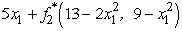  The two stages involve making the decisions on the values of the two variables in order.At stage n,let the state s<sub>n</sub> be the vector (R<sub>1</sub>,R<sub>2</sub>),where R<sub>i</sub> is the slack in the i-th constraint,so s<sub>1</sub> = (13,9)and s<sub>2</sub> = (13 - 2   ,9 -   ).For stage 2 (the second variable),we have f<sub>2</sub> (R<sub>1</sub>,R<sub>2</sub>,<sub> </sub>x<sub>2</sub>)= x<sub>2</sub>,0  \le  x<sub>2</sub> \le  min{R<sub>1</sub>,R<sub>2</sub>},so   is easily solved,as shown in the following table.   For stage 1 (the first variable),we now have f<sub>1</sub>(13,9,<sub> </sub><sub> </sub>x<sub>1</sub>)=   =   .For 0  \le  x<sub>1</sub>  \le  2,    \implies  f<sub>1</sub>(13,9,<sub> </sub>x<sub>1</sub>)=   .Since   for 0 ≤ x<sub>1</sub> ≤ 2,we now have   at x<sub>1</sub> = 2.For x<sub>1</sub>  \le  2,    \implies  f<sub>1</sub>(13,9,<sub> </sub><sub> </sub>x<sub>1</sub>)=   Since   = 5 - 4x<sub>1</sub> < 0 for x<sub>1</sub> ≥ 0,it follows that   at x<sub>1</sub> = 2.Since f<sub>1</sub>(13,9,x<sub>1</sub>)is maximized at x<sub>1</sub> = 2 over both the range 0 ≤ x<sub>1</sub> ≤ 2 and the range x<sub>1</sub> ≥ 2,the maximum must be at x<sub>1</sub> = 2 over the entire range of x<sub>1</sub> ≥ 0.Consequently,   (13,9)=   at   = 2.Therefore,since x<sub>1</sub> = 2 leaves a slack of R<sub>1</sub> = 13 - 2   = 5 and R<sub>2</sub> = 9 -   = 5 in the two constraints,so   = min{R<sub>1</sub>,R<sub>2</sub>} = 5,the optimal solution for the overall problem is   = 2,   = 5,with Z* = 15. 