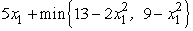 The two stages involve making the decisions on the values of the two variables in order.At stage n,let the state s<sub>n</sub> be the vector (R<sub>1</sub>,R<sub>2</sub>),where R<sub>i</sub> is the slack in the i-th constraint,so s<sub>1</sub> = (13,9)and s<sub>2</sub> = (13 - 2   ,9 -   ).For stage 2 (the second variable),we have f<sub>2</sub> (R<sub>1</sub>,R<sub>2</sub>,<sub> </sub>x<sub>2</sub>)= x<sub>2</sub>,0  \le  x<sub>2</sub> \le  min{R<sub>1</sub>,R<sub>2</sub>},so   is easily solved,as shown in the following table.   For stage 1 (the first variable),we now have f<sub>1</sub>(13,9,<sub> </sub><sub> </sub>x<sub>1</sub>)=   =   .For 0  \le  x<sub>1</sub>  \le  2,    \implies  f<sub>1</sub>(13,9,<sub> </sub>x<sub>1</sub>)=   .Since   for 0 ≤ x<sub>1</sub> ≤ 2,we now have   at x<sub>1</sub> = 2.For x<sub>1</sub>  \le  2,    \implies  f<sub>1</sub>(13,9,<sub> </sub><sub> </sub>x<sub>1</sub>)=   Since   = 5 - 4x<sub>1</sub> < 0 for x<sub>1</sub> ≥ 0,it follows that   at x<sub>1</sub> = 2.Since f<sub>1</sub>(13,9,x<sub>1</sub>)is maximized at x<sub>1</sub> = 2 over both the range 0 ≤ x<sub>1</sub> ≤ 2 and the range x<sub>1</sub> ≥ 2,the maximum must be at x<sub>1</sub> = 2 over the entire range of x<sub>1</sub> ≥ 0.Consequently,   (13,9)=   at   = 2.Therefore,since x<sub>1</sub> = 2 leaves a slack of R<sub>1</sub> = 13 - 2   = 5 and R<sub>2</sub> = 9 -   = 5 in the two constraints,so   = min{R<sub>1</sub>,R<sub>2</sub>} = 5,the optimal solution for the overall problem is   = 2,   = 5,with Z* = 15. 