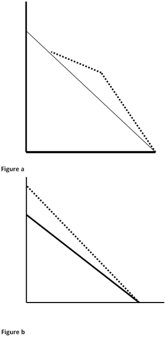 <strong>The following diagrams of budget constraints pertain to the next three questions. The vertical axis is Income and the horizontal axis is Leisure. Which of the diagrams of budget constraints above depicts the Negative Income Tax program?</strong> A) a B) b C) c D) d