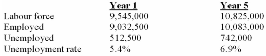(a)How is it possible that both employment and unemployment increased? (b)Would you say that year 5 was a year of full employment? (c)Why is the task of maintaining full employment over the years more than just a problem of finding jobs for those who happen to be unemployed at any given time? (a)The labour force increased more than employment increased. (b)Yes,the unemployment rate of 6.9% is within the 6-7% range considered to be full employment. (c)The number of people looking for work expands.