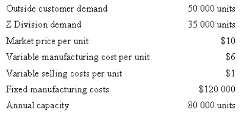 <strong>Barrister Company has two divisions: A and Z.The A Division produces a single product that can be sold to outside customers or to the Z Division.Sales forecasts,production statistics and costs for both divisions for 2008 are shown below: A Division: Z Division: * When A Division sells to Z Division,no variable selling costs are incurred by A Division.Calculate the minimum per unit transfer price that A Division should charge Z Division in 2008,using the general transfer-pricing formula. </strong> A) $6.00 B) $8.50 C) $7.26 D) None of the given answers