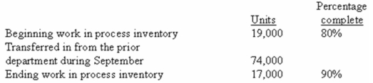<strong>(Appendix 6A)Marten Company uses the FIFO method in its process costing system.Operating data for the Casting Department for the month of September appear below: According to the company's records,the conversion cost in beginning work-in-process inventory was $83,600 at the beginning of September.Additional conversion costs of $427,682 were incurred in the department during the month. What would be the cost per equivalent unit for conversion costs for September on the Casting Department's production report? (Round off to three decimal places. )</strong> A) $5.498. B) $5.779. C) $5.620. D) $5.500.