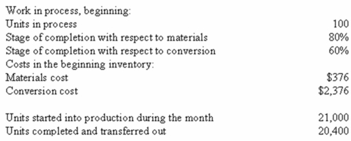 (Appendix 6A)Darver Inc.uses the FIFO method in its process costing system.The following data concern the operations of the company's first processing department for a recent month: Required: Prepare a production report for the department using the FIFO method.