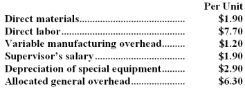 <strong>Ethridge Corporation is presently making part H25 that is used in one of its products.A total of 9,000 units of this part are produced and used every year.The company's Accounting Department reports the following costs of producing the part at this level of activity: An outside supplier has offered to make and sell the part to the company for $15.40 each.If this offer is accepted,the supervisor's salary and all of the variable costs can be avoided.The special equipment used to make the part was purchased many years ago and has no salvage value or other use.The allocated general overhead represents fixed costs of the entire company,none of which would be avoided if the part were purchased instead of produced internally.If management decides to buy part H25 from the outside supplier rather than to continue making the part,what would be the annual impact on the company's overall net operating income?</strong> A)Net operating income would increase by $24,300 per year. B)Net operating income would decline by $24,300 per year. C)Net operating income would increase by $58,500 per year. D)Net operating income would decline by $58,500 per year.